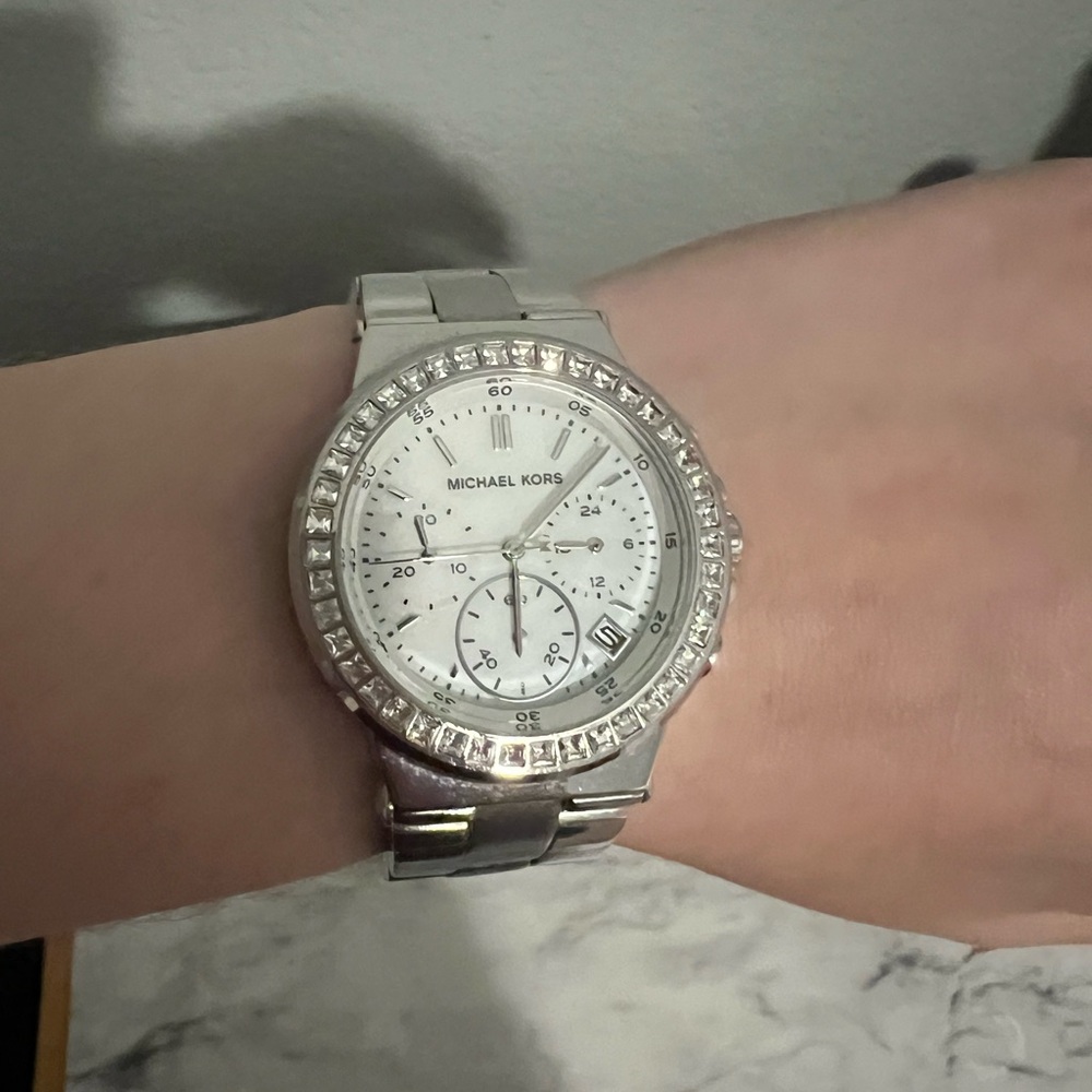 Michael Kors Silver Chronograph Watch with Crystal Bezel